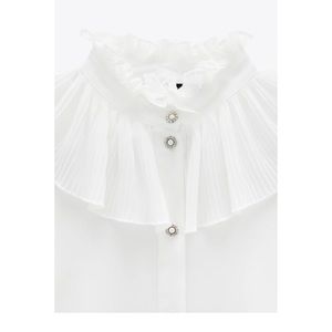 Zara White Ruffled Collar Blouse with Rhinestone Pearl Buttons